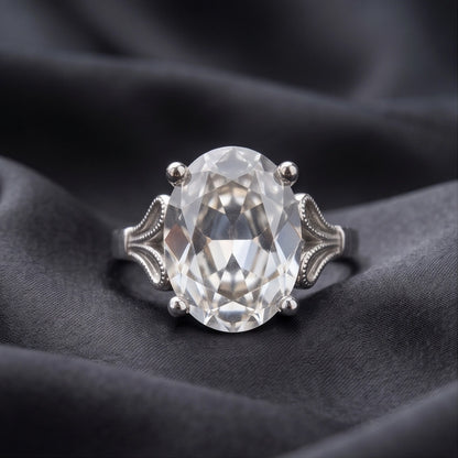 Silver Oval Clear Quartz Vintage Solitaire Ring