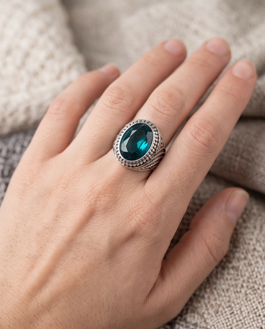 Aquamarine Gemstone Beaded Frame Wave Silver Ring