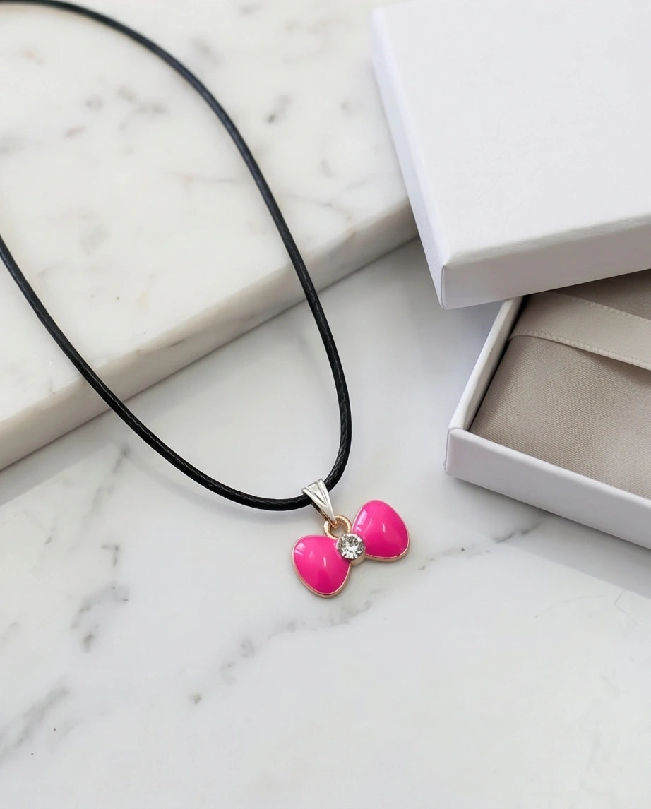 Gold and Pink Crystal Bow Necklace