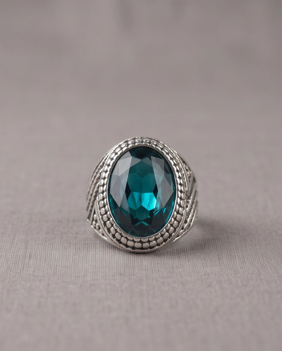 Aquamarine Gemstone Beaded Frame Wave Silver Ring