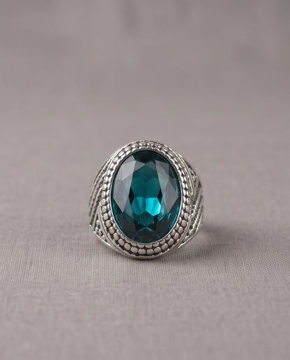 Aquamarine Gemstone Beaded Frame Wave Silver Ring