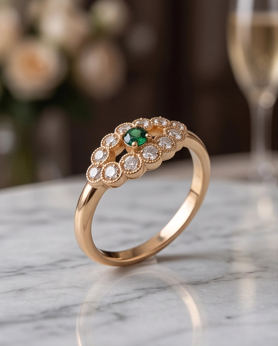 Emerald & Crystal Scalloped Halo Ring
