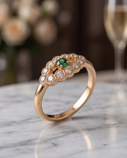Emerald & Crystal Scalloped Halo Ring