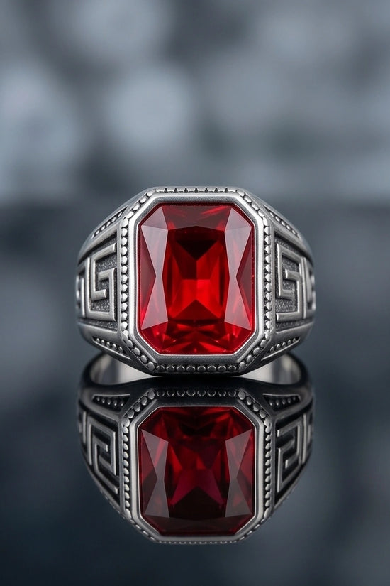 Vintage Greek Key Ruby Red Gemstone Ring