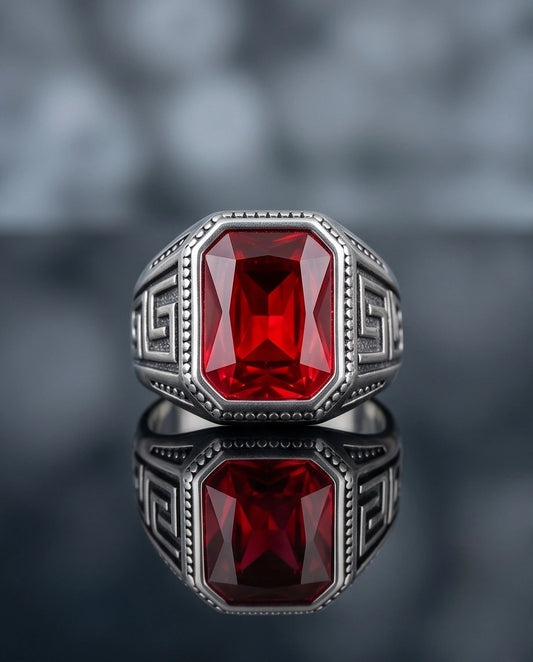 Vintage Greek Key Ruby Red Gemstone Ring