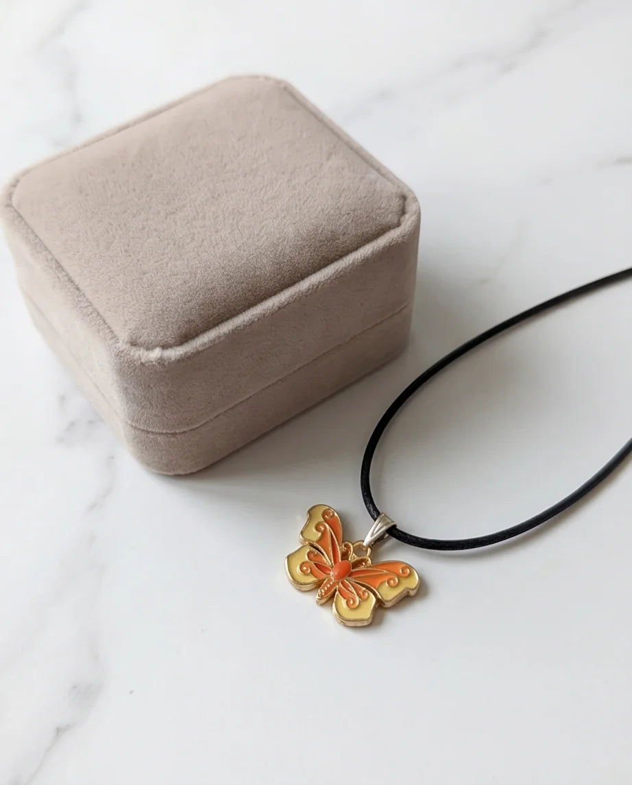 Orange & Yellow Enamel Butterfly Pendant Necklace
