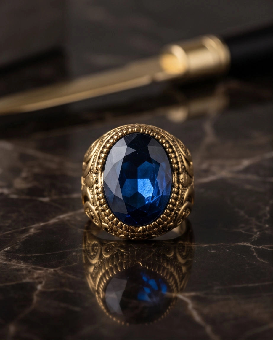 Antique Gold Oval Sapphire Scroll Signet Ring