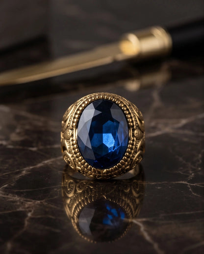 Antique Gold Oval Sapphire Scroll Signet Ring