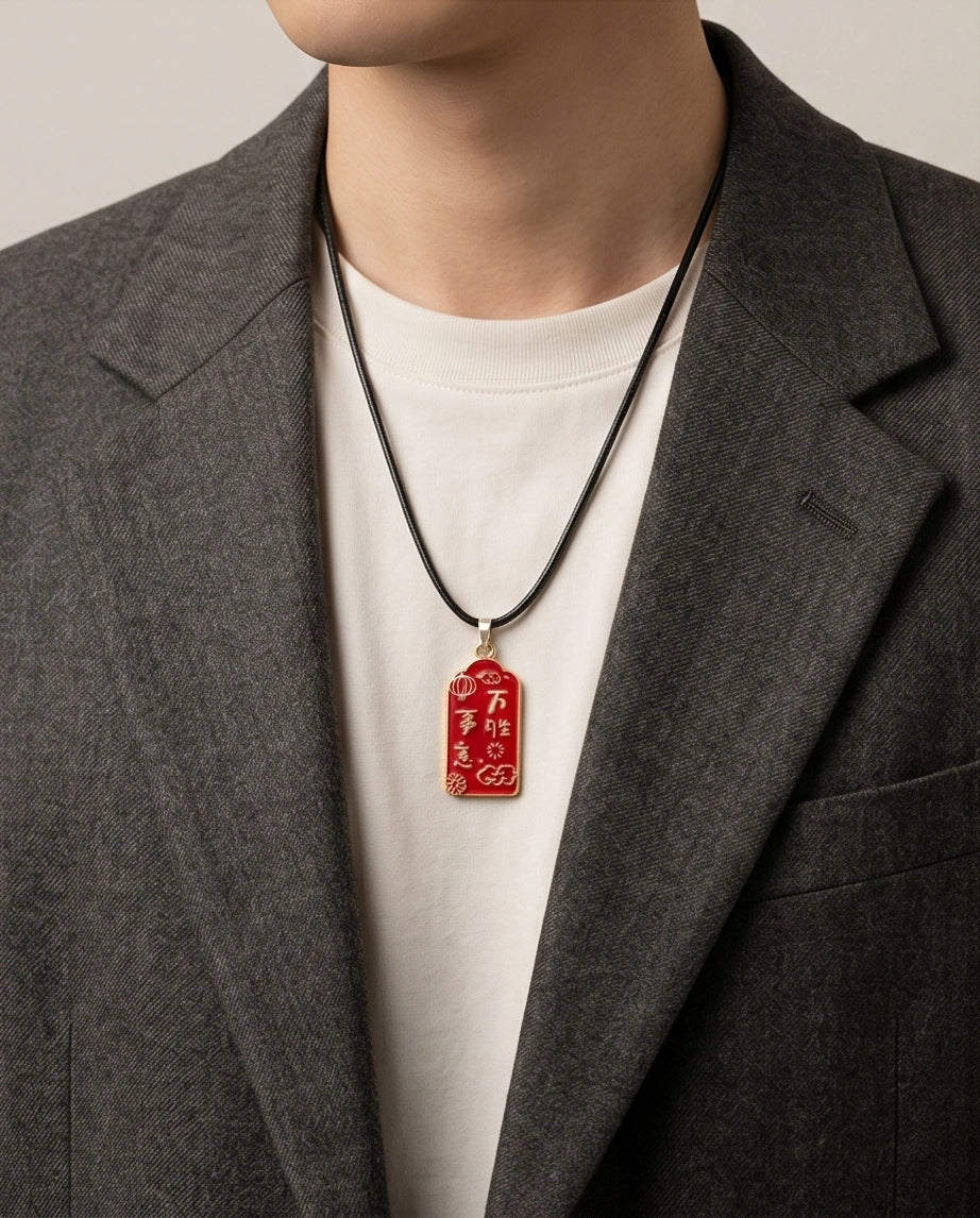 Traditional Red Rectangular "Wan Shi Ru Yi" Blessings Pendant Necklace