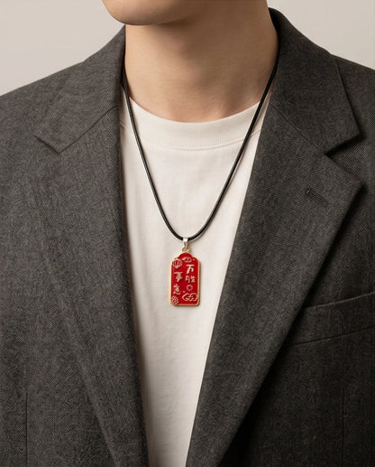 Traditional Red Rectangular "Wan Shi Ru Yi" Blessings Pendant Necklace