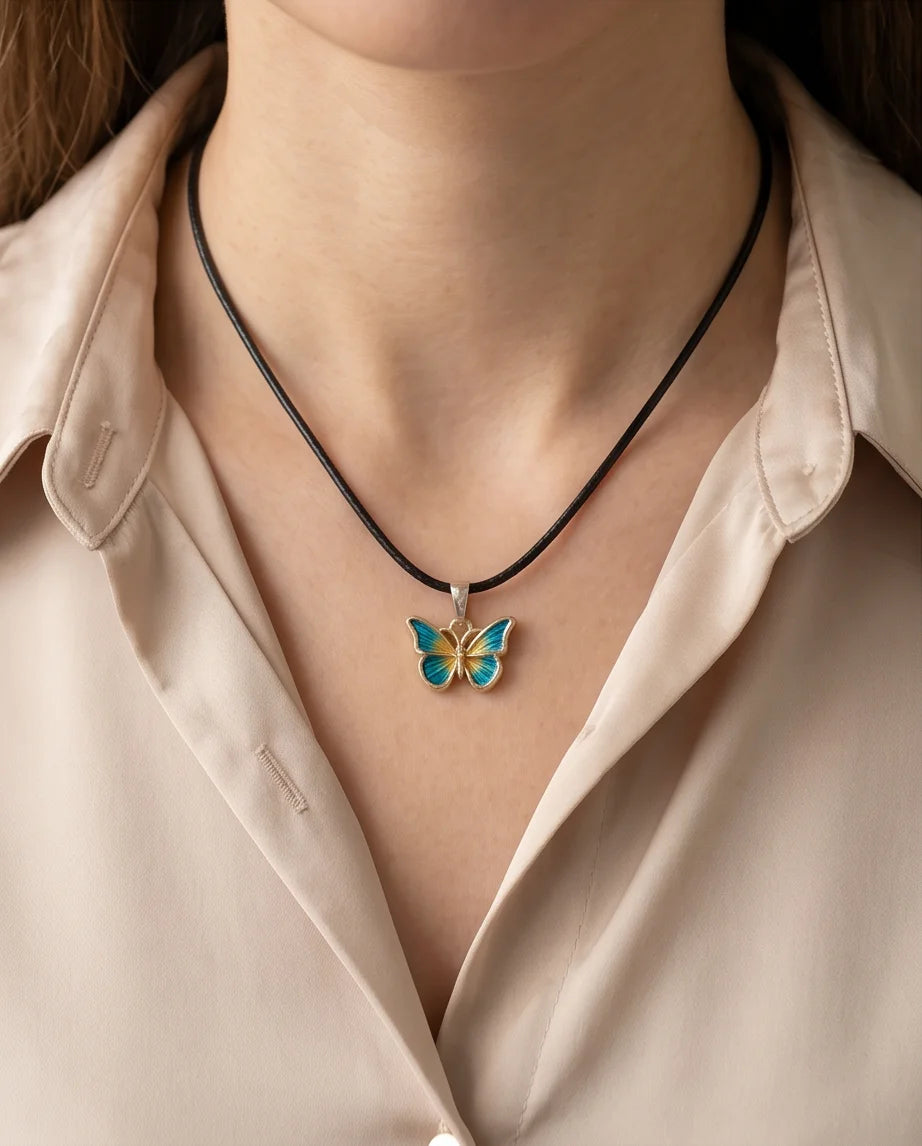 Teal & Gold Butterfly Pendant Necklace