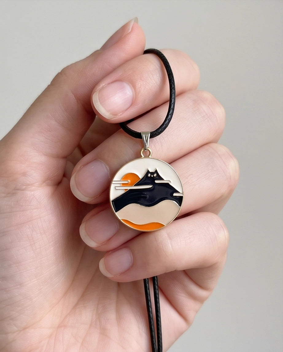 Japanese Mountain & Cat Enamel Pendant Necklace
