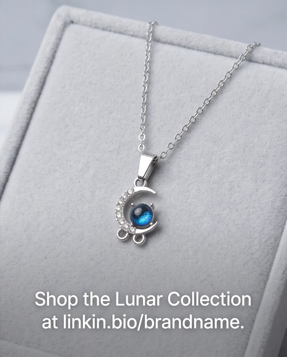 Silver Crystal Crescent Moon & Cosmic Blue Stone Pendant Necklace
