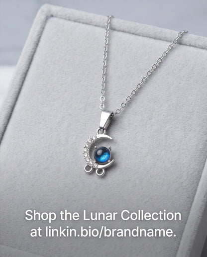 Silver Crystal Crescent Moon & Cosmic Blue Stone Pendant Necklace
