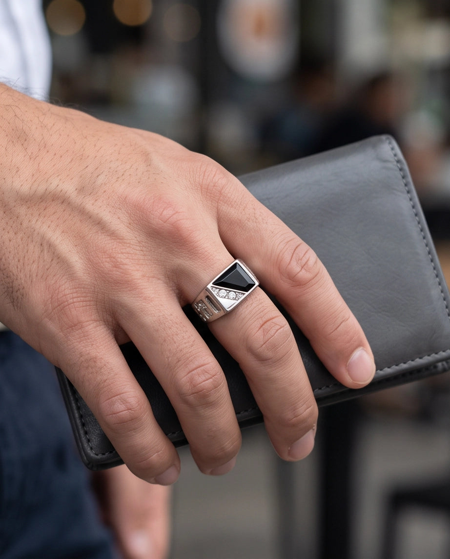 Onyx Inlay & Pavé Diagonal Split Signet Silver Ring