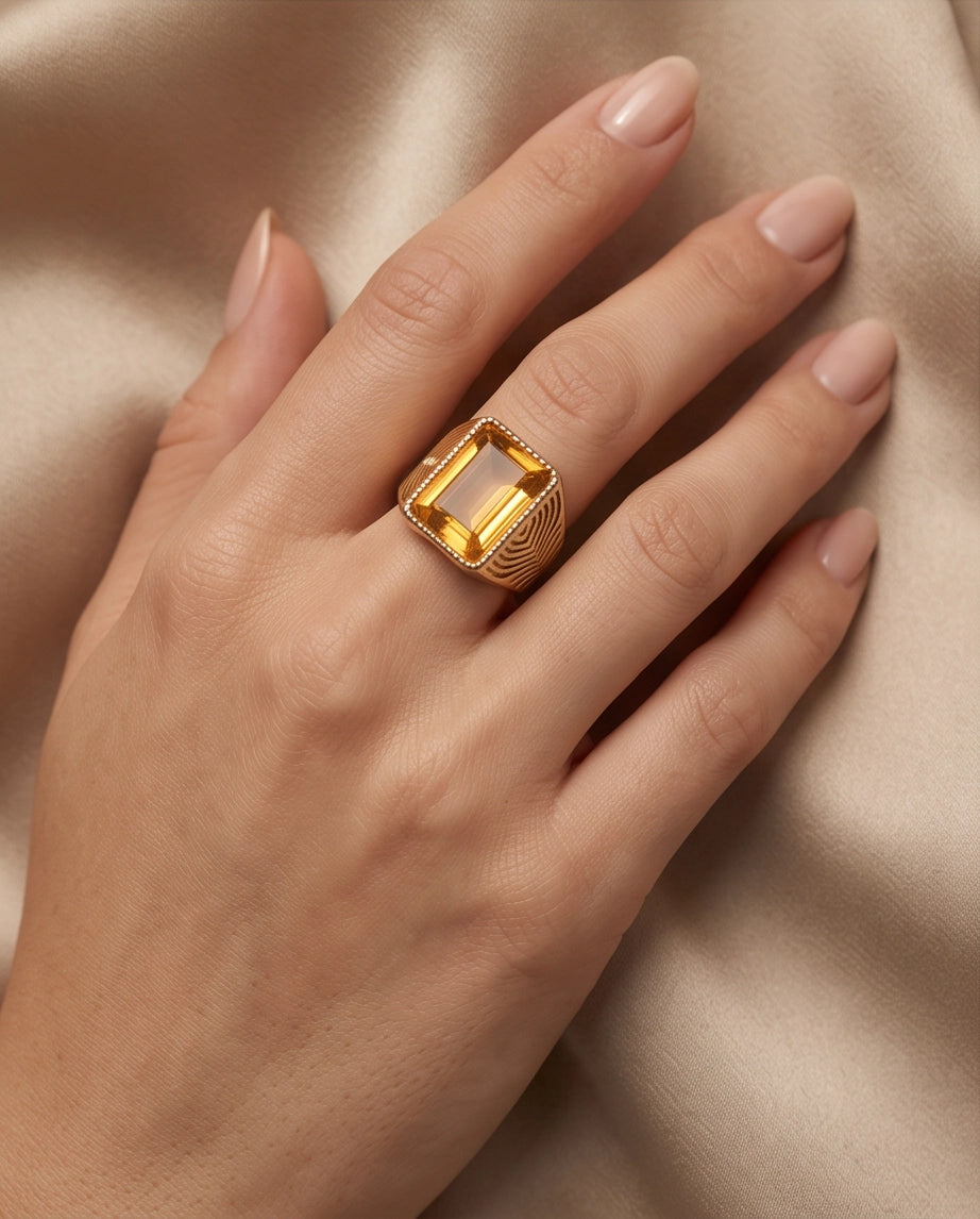 Citrine Emerald-Cut Beaded Signet Ring