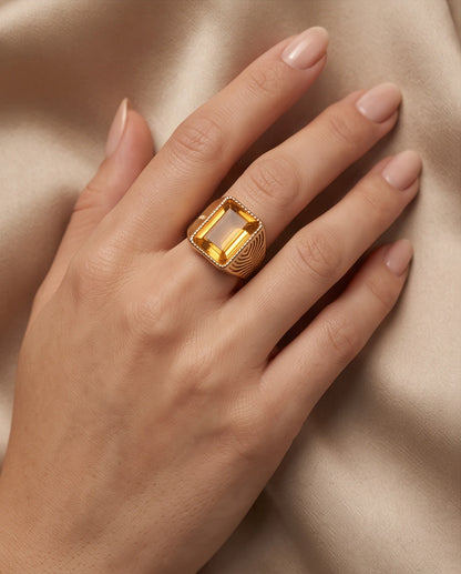 Citrine Emerald-Cut Beaded Signet Ring