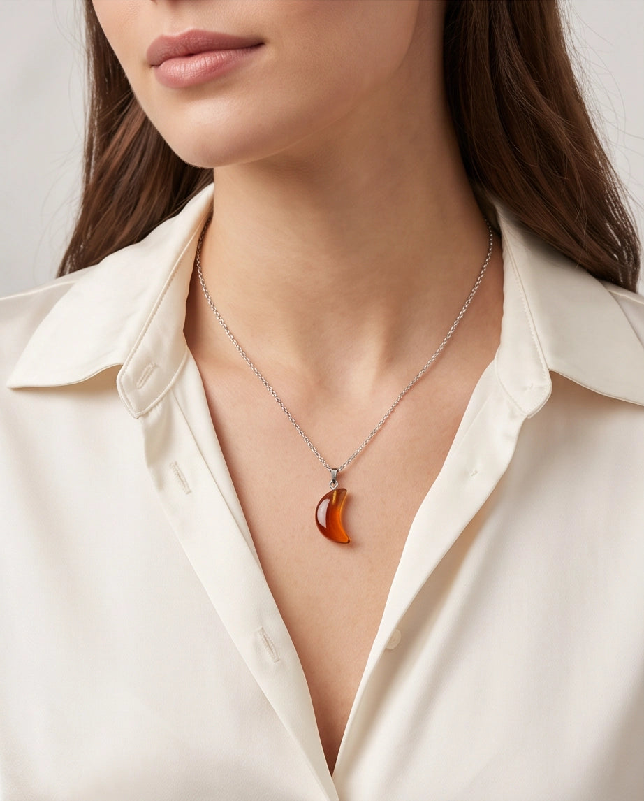 Silver Amber Resin Crescent Moon Pendant Necklace