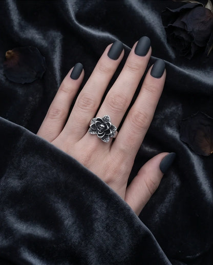Gothic Sterling Silver Skull Rose Ring