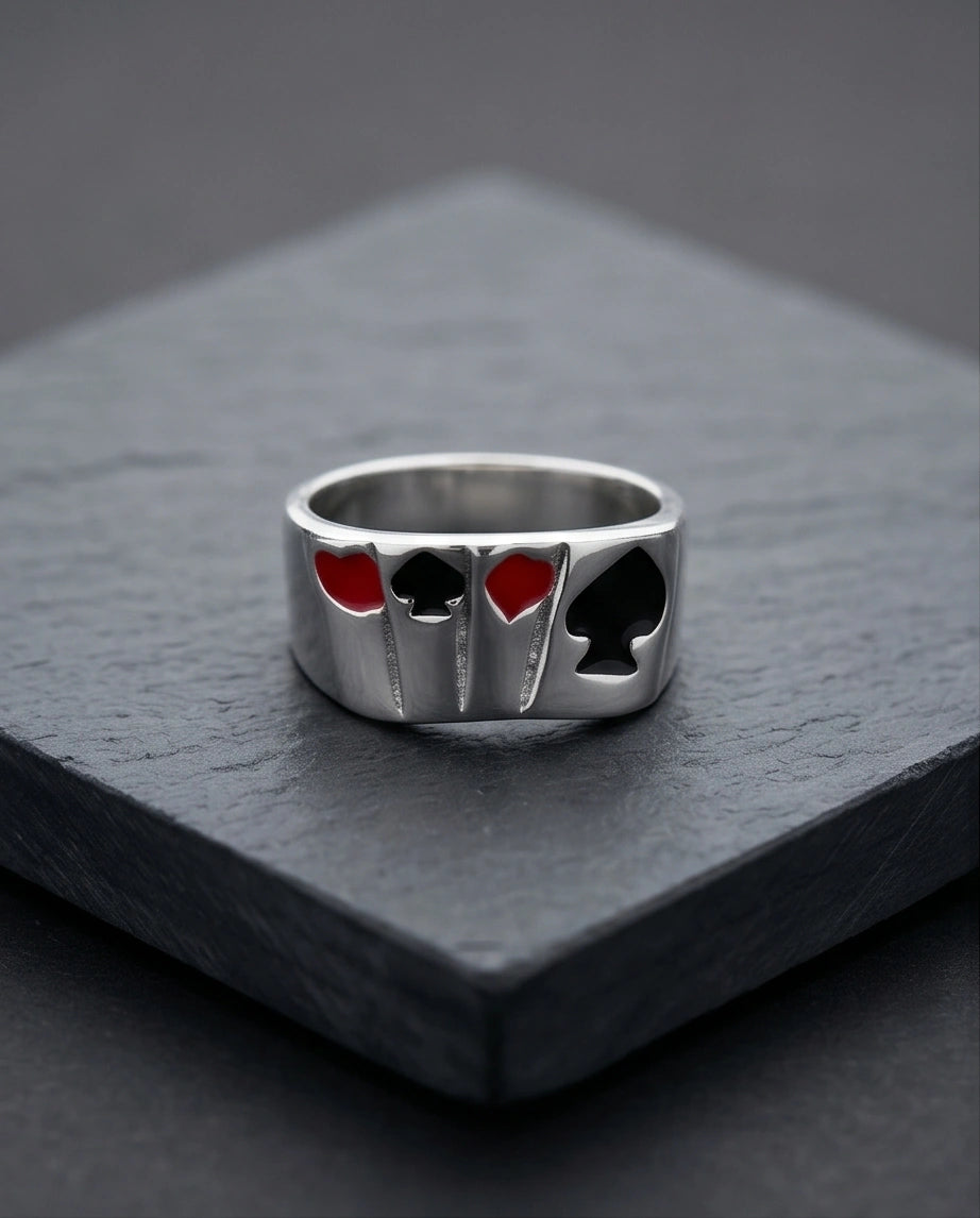 Sterling Silver Poker Card Suits Signet Ring