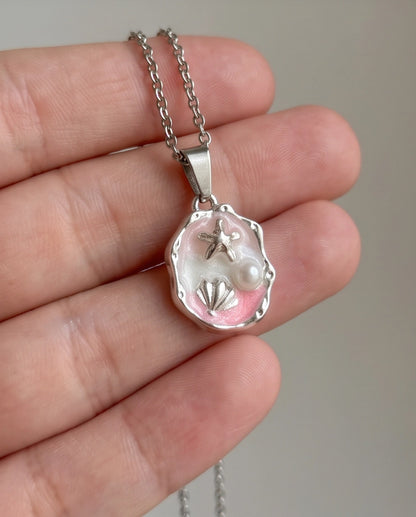 Silver Pink Seashell Starfish Pearl Enamel Medallion Chain Necklace