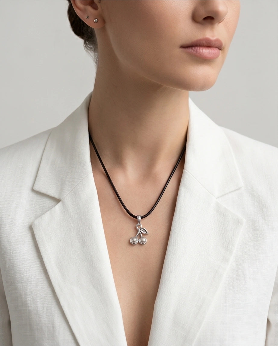 Silver Double Cherry Pendant Necklace