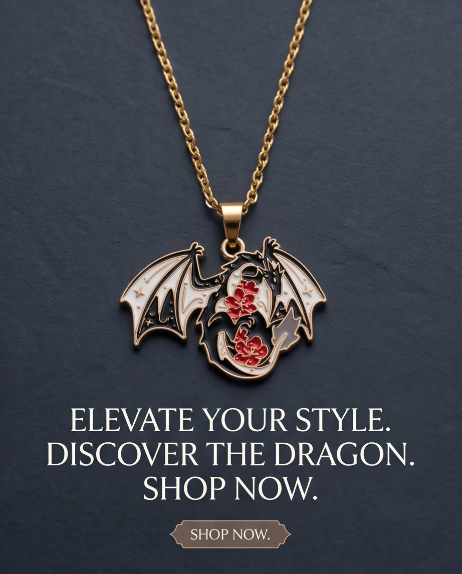Gold Floral Dragon Black & White Enamel Pendant Necklace