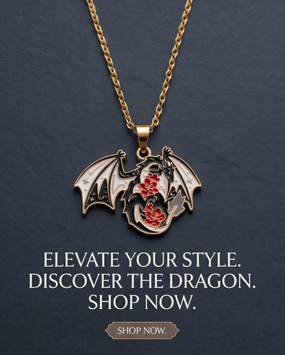 Gold Floral Dragon Black & White Enamel Pendant Necklace