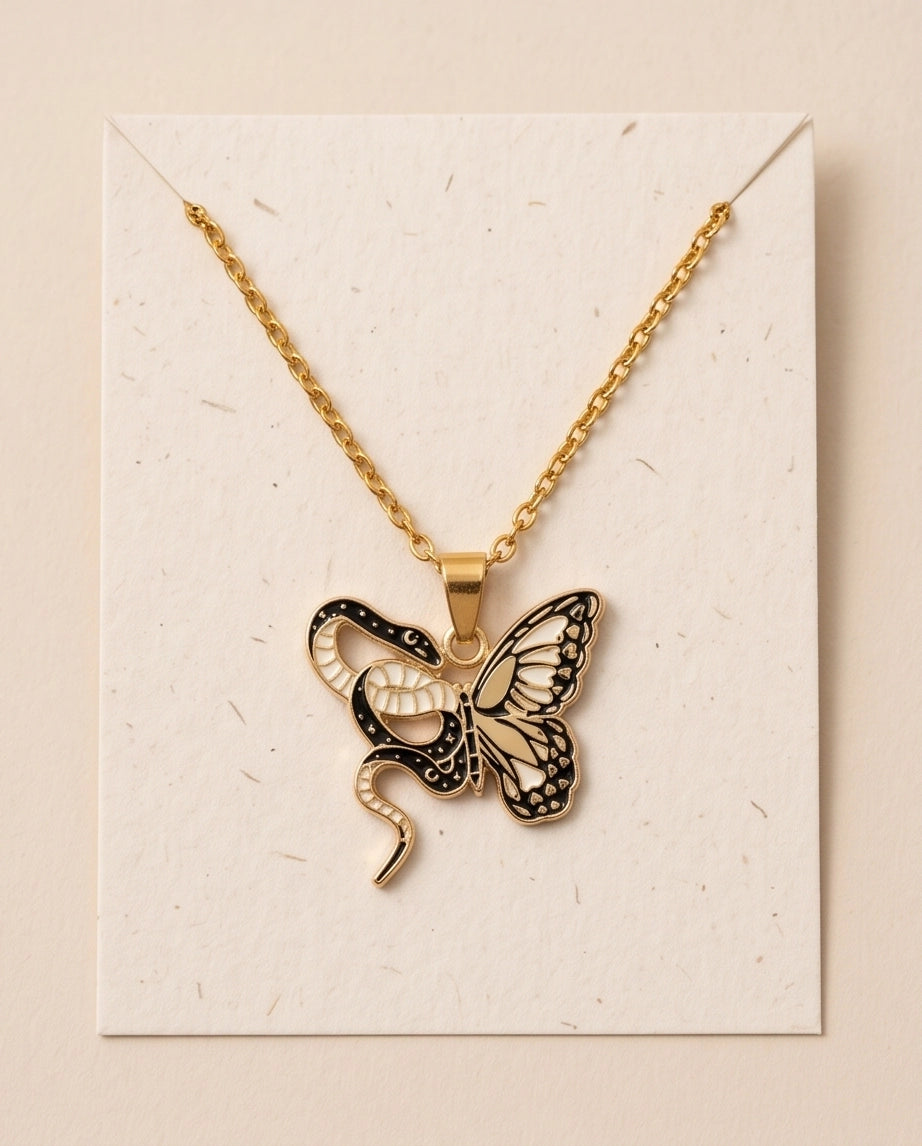 Gold Snake & Butterfly Celestial Enamel Pendant Necklace