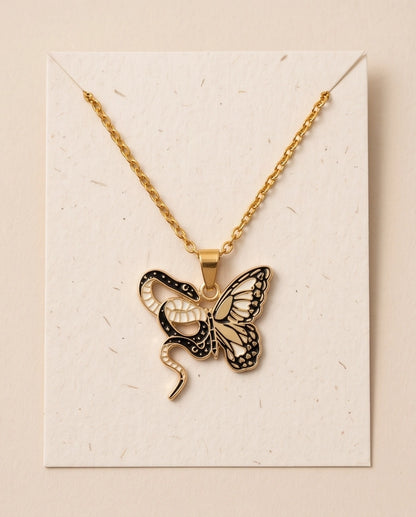 Gold Snake & Butterfly Celestial Enamel Pendant Necklace