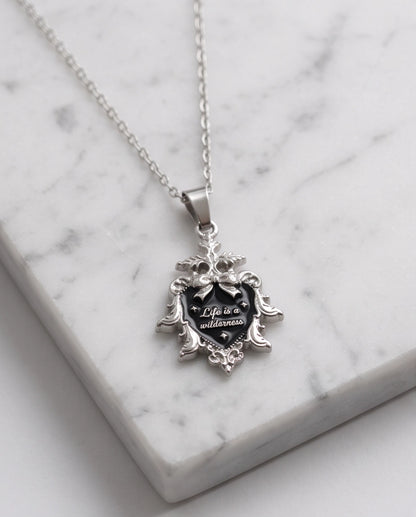 Silver Vintage Heart Engraved Black Enamel Pendant Necklace