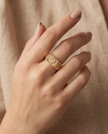 Celestial Sunburst Pavé Triple-Crystal Grid Gold Ring