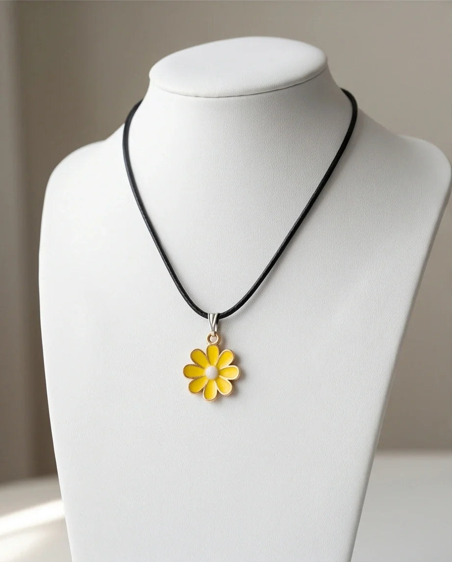 Vibrant Yellow Daisy Enamel Pendant Necklace
