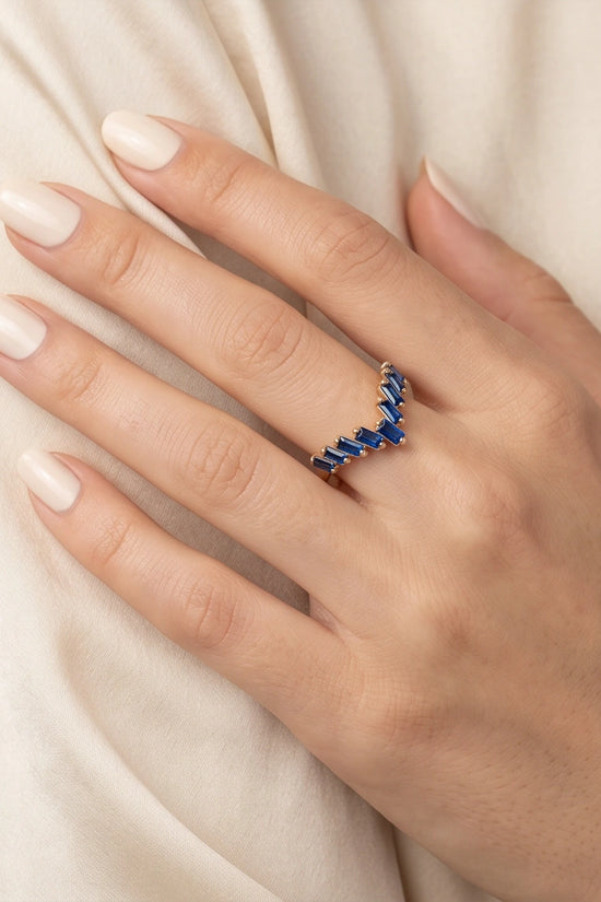 Gold Plated Blue Sapphire Baguette Tiara Ring