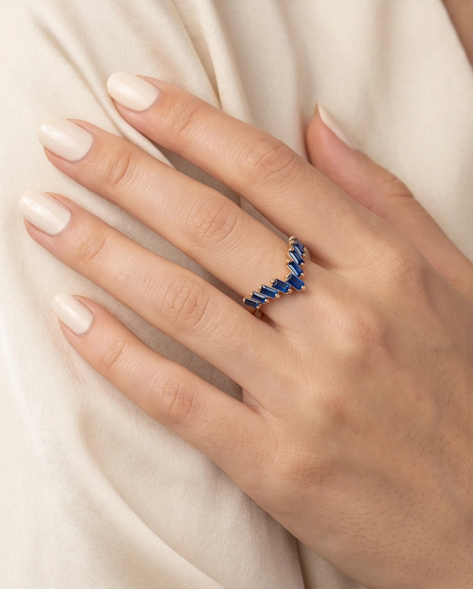 Gold Plated Blue Sapphire Baguette Tiara Ring