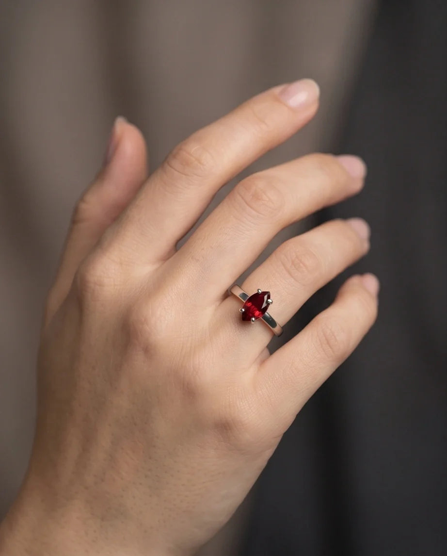 Sterling Silver Marquise-Cut Amber Carnelian Solitaire Ring