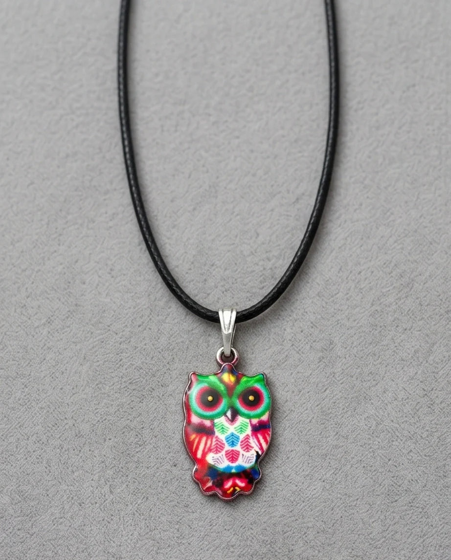 Vibrant Kaleidoscope Owl Totem Pendant Necklace