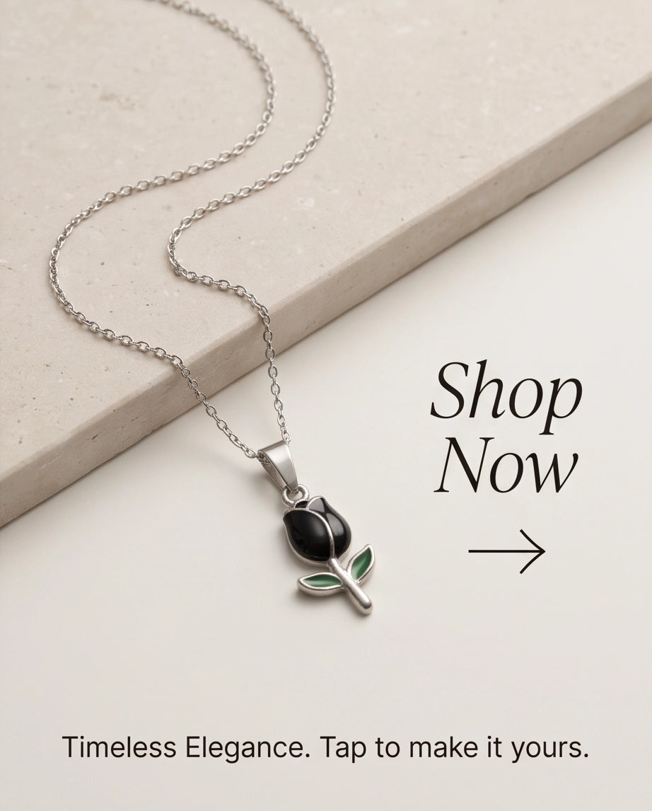Silver Black Enamel Tulip Pendant Necklace