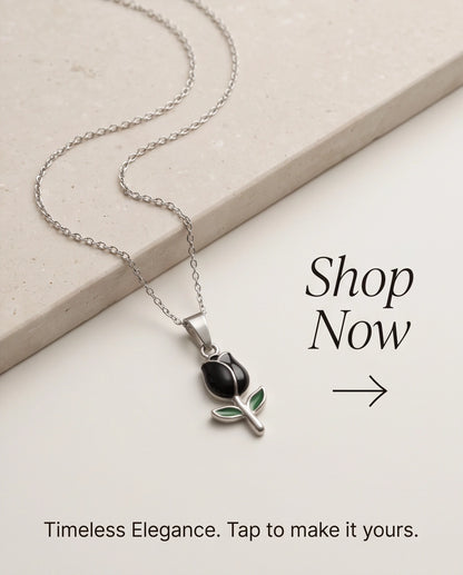 Silver Black Enamel Tulip Pendant Necklace