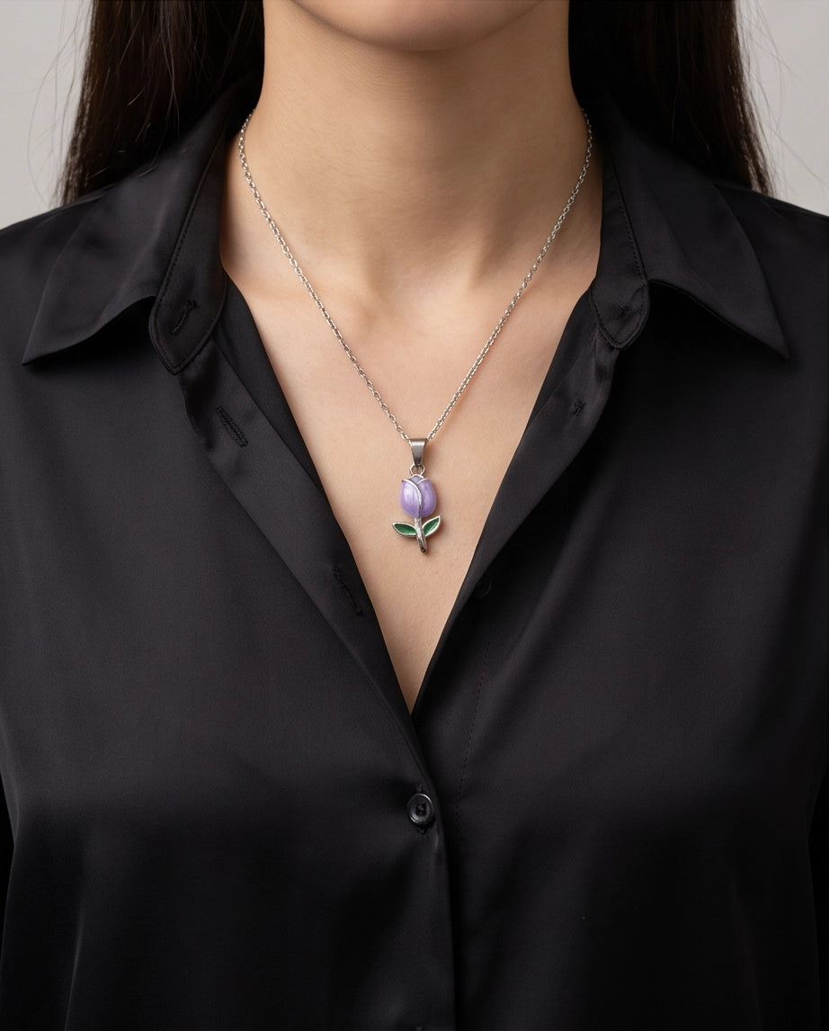 Silver Purple Enamel Tulip Pendant Necklace