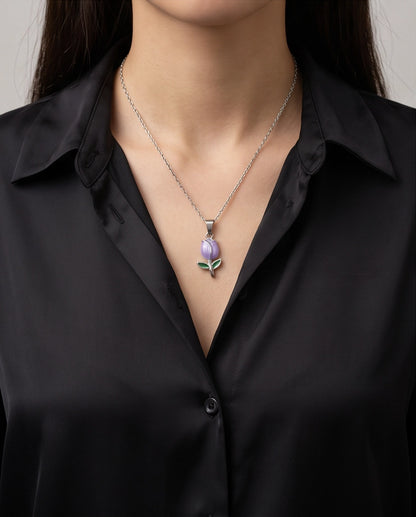 Silver Purple Enamel Tulip Pendant Necklace