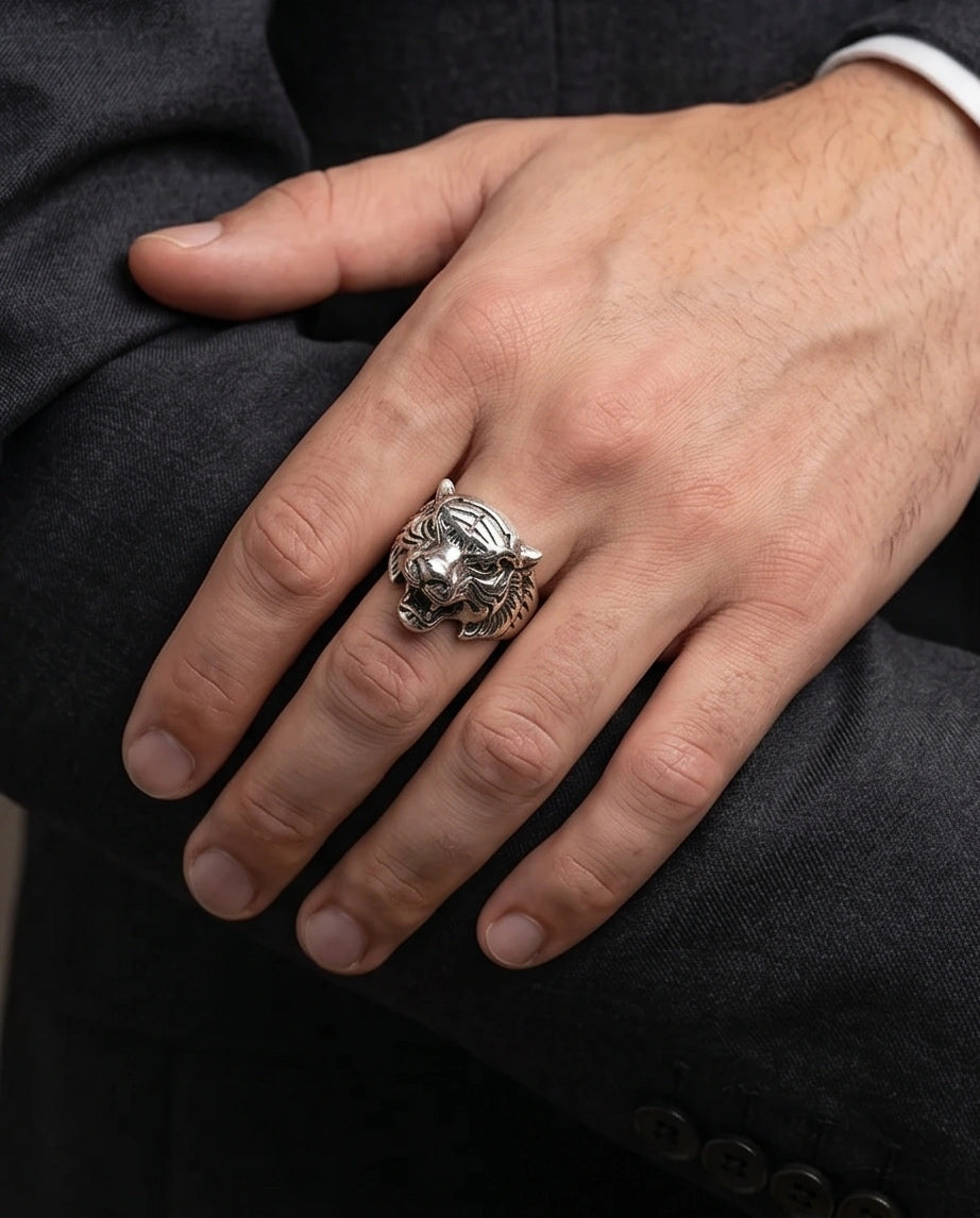 Vintage Silver Oxidized Roaring Tiger Head Statement Ring