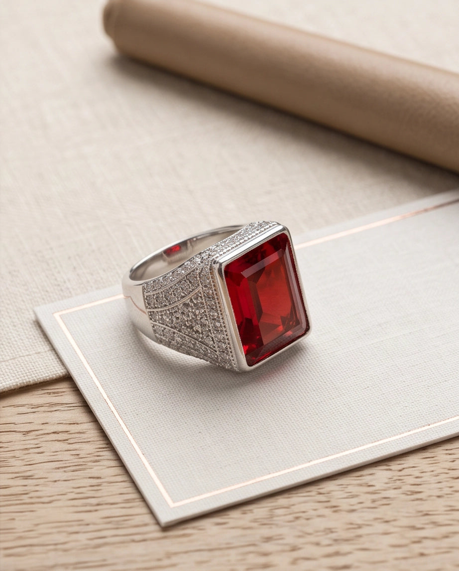 Ruby Red Emerald-Cut Gemstone Stippled Halo Silver Ring