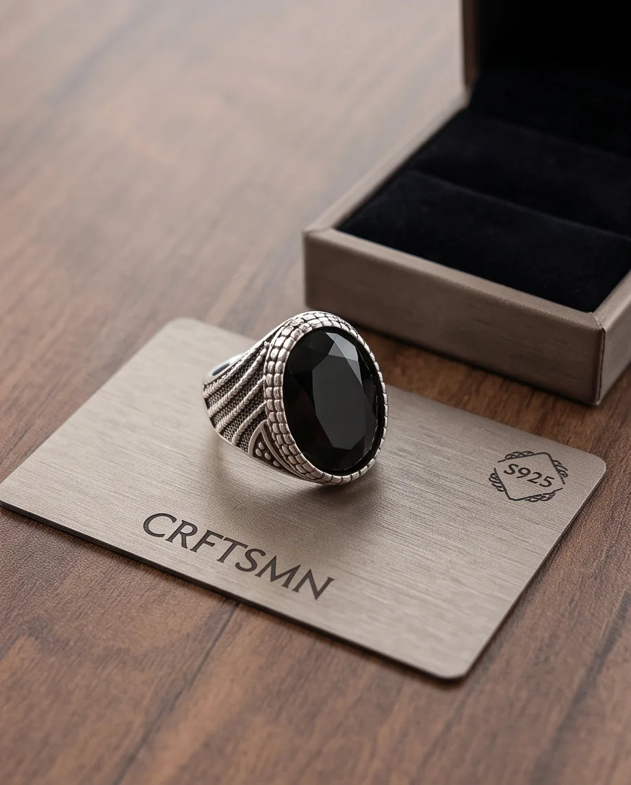 Black Gemstone Double-Tier Bezel Ribbed Silver Ring