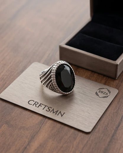 Black Gemstone Double-Tier Bezel Ribbed Silver Ring