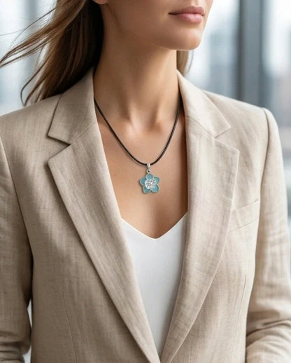 Serene Blue and White Layered Floral Enamel Pendant Necklace