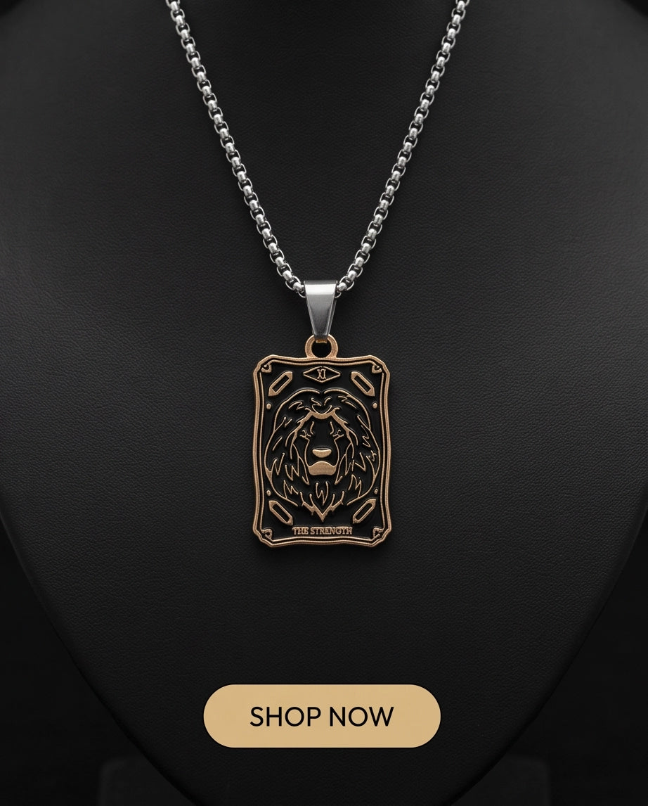 Gold "Strength" Lion Tarot Card Pendant Necklace
