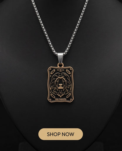 Gold "Strength" Lion Tarot Card Pendant Necklace