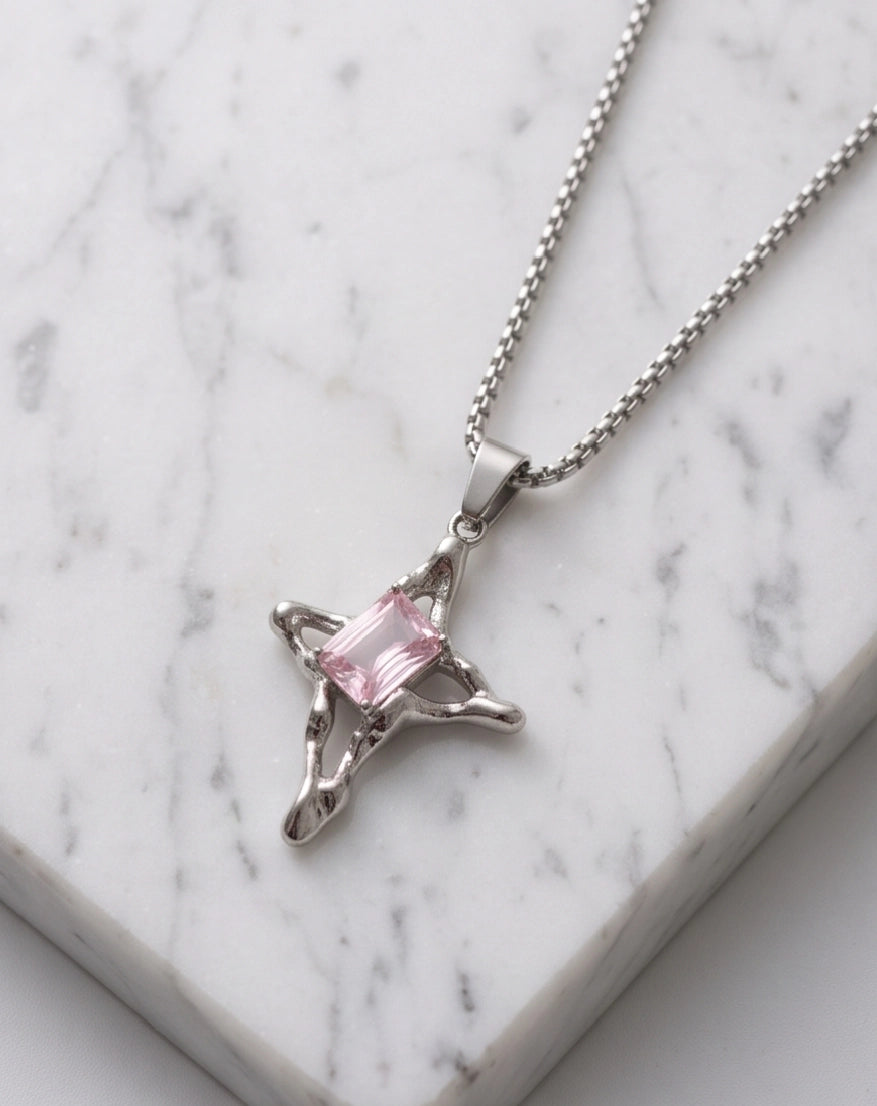 Silver Pink Gemstone Gothic Cross Pendant Necklace