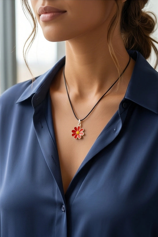 Gold and Red Daisy Pendant Necklace
